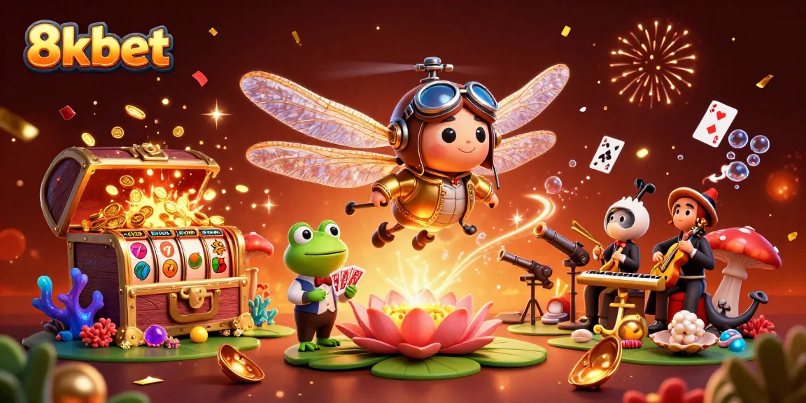 Experience the thrilling 8xbet gaming scene with a dragonfly pilot and frog croupier in action.
