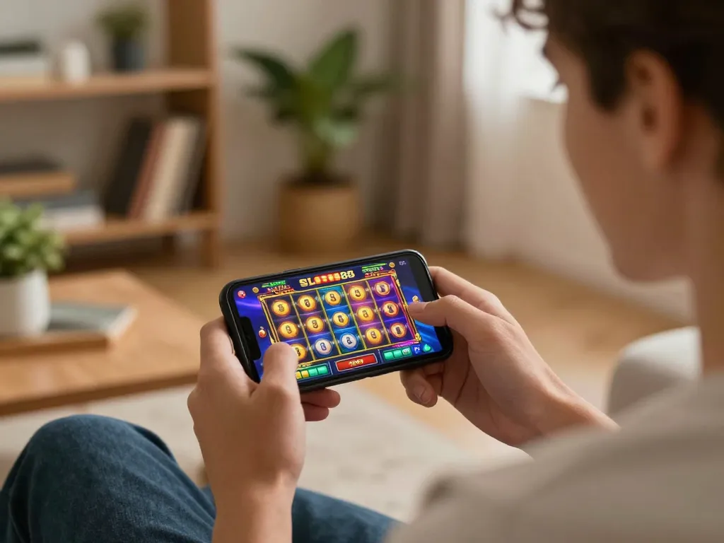 Player engaging with Slot88 on smartphone while enjoying a cozy home atmosphere.