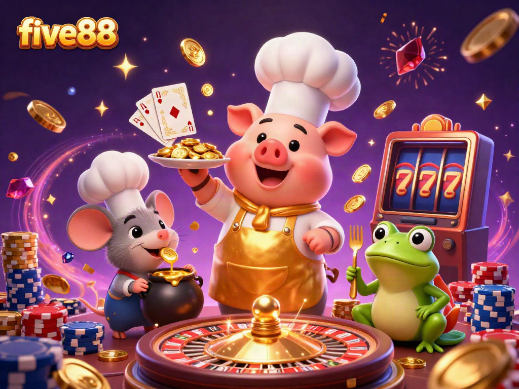 Experience the excitement at five88 with a lively casino scene featuring a chef pig, sous-chef mouse, and frog critic amidst gold and gems.