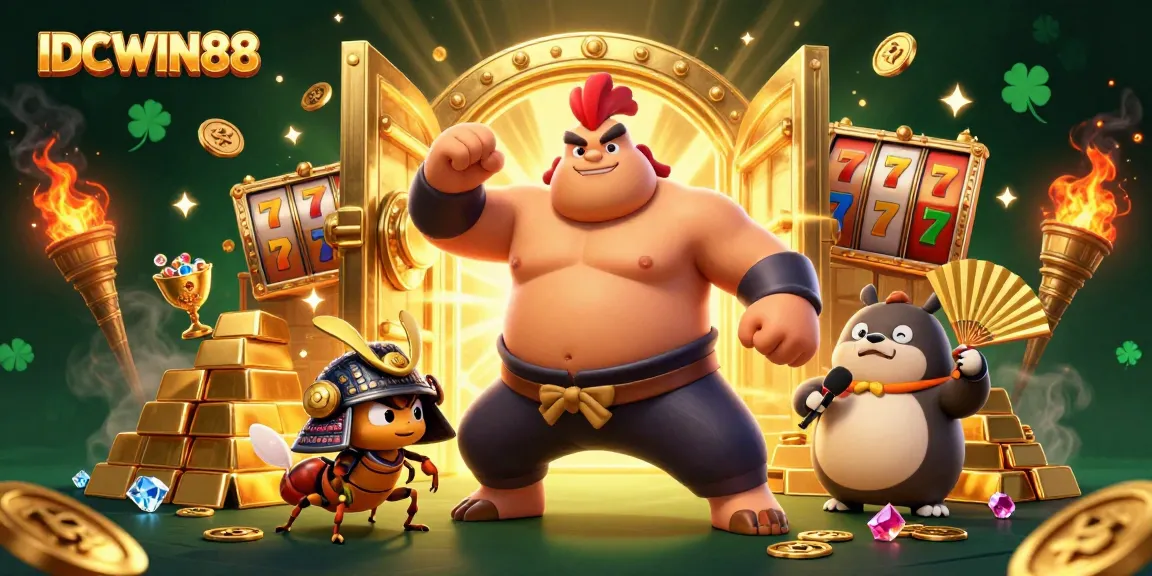 Experience the thrill of IDCWIN88 with a powerful sumo wrestler and dynamic gaming elements.