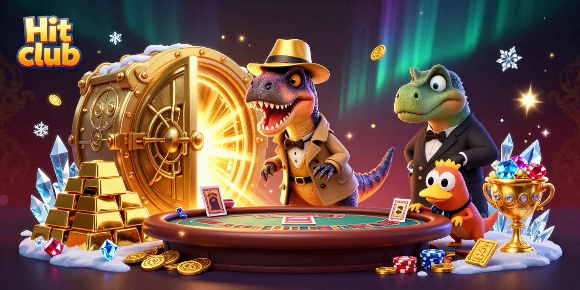 Vibrant Hit club scene with a velociraptor card counter at a blackjack table, rich in treasure and details.