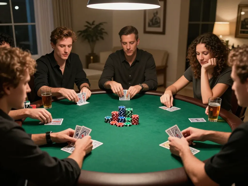 Friends enjoying a poker game night featuring maxpoker88 themed chips and cards, vibrant atmosphere