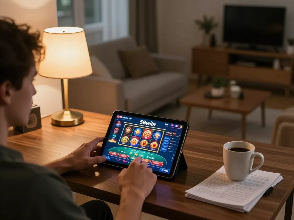 Engaged player using 58wiin app for online casino gaming on tablet, showcasing vibrant poker options.
