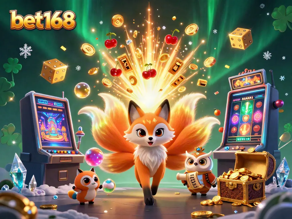 Engage with bet168's dynamic 3D casino spirit scene featuring a nine-tailed fox, a wise owl, and vibrant casino elements.