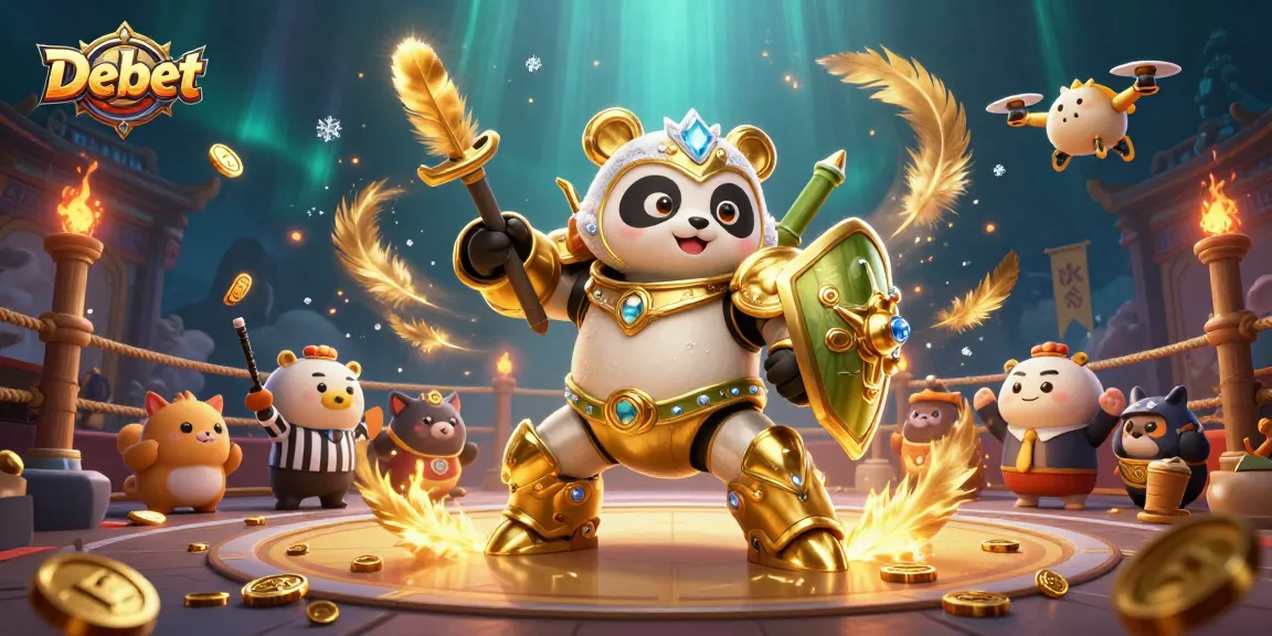 Bet on Debet as a golden panda battles in an electrifying sports betting arena.