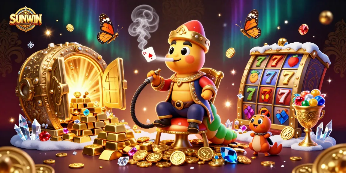 SUNWIN engages players with a vibrant 3D illustration of dynamic casino elements and treasures.