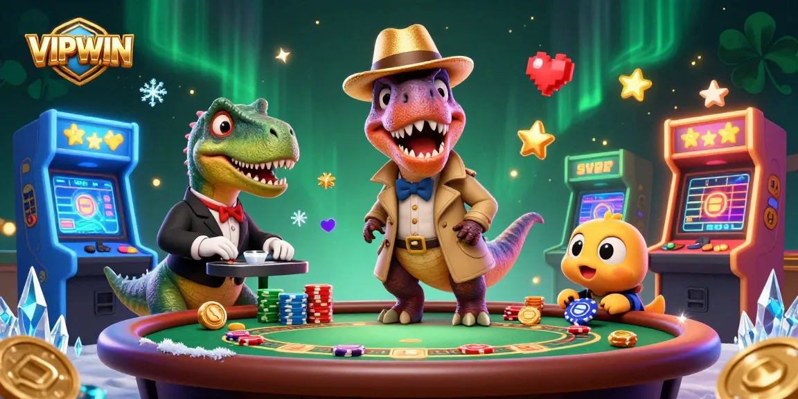 VIPWIN card counter velociraptor cleverly plays blackjack while gameplay elements surround him.