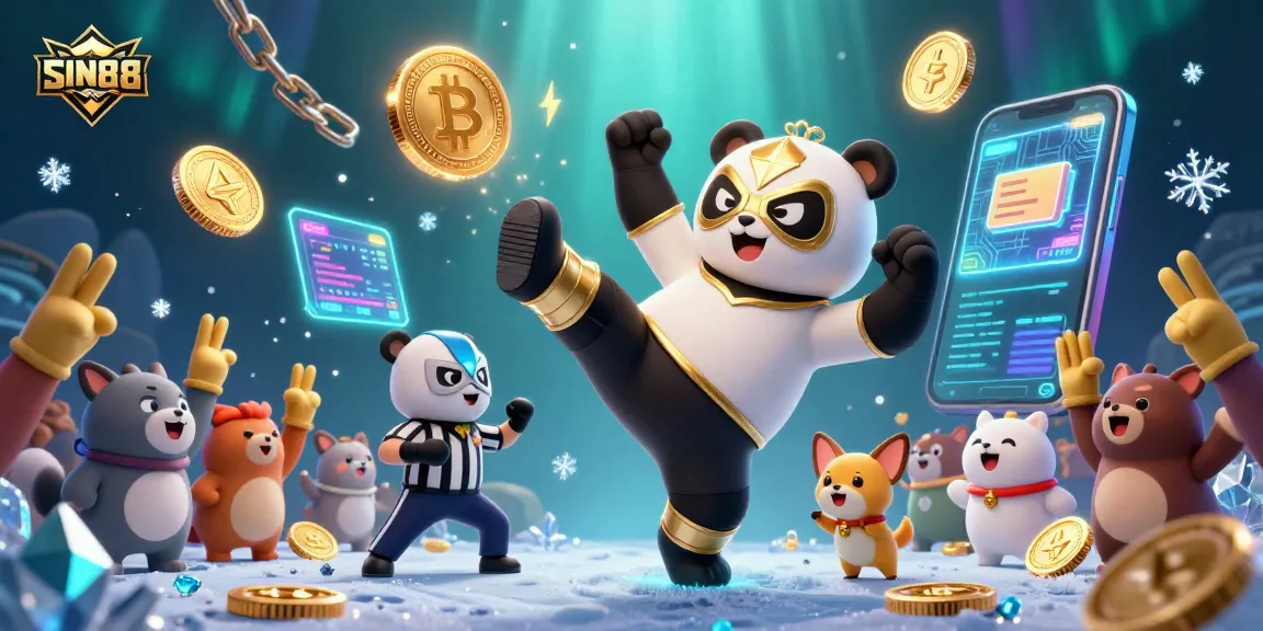 SIN88 delightfully showcases a panda wrestler executing a kick in a cryptocurrency-themed casino