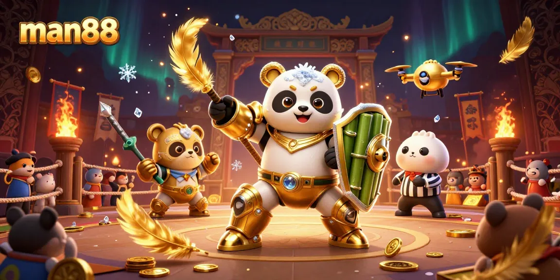 Experience thrilling action with man88 as a mech-suited panda battles in a lively arena filled with gold.