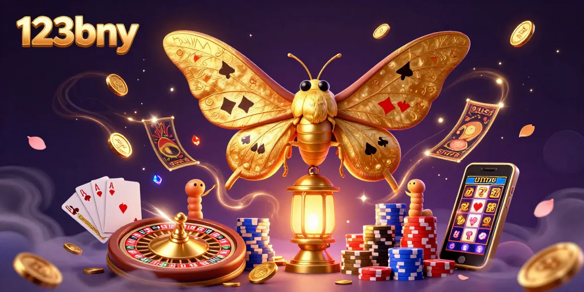 Experience thrilling wins with 123bny's vibrant online casino games featuring golden moths and rich casino elements.