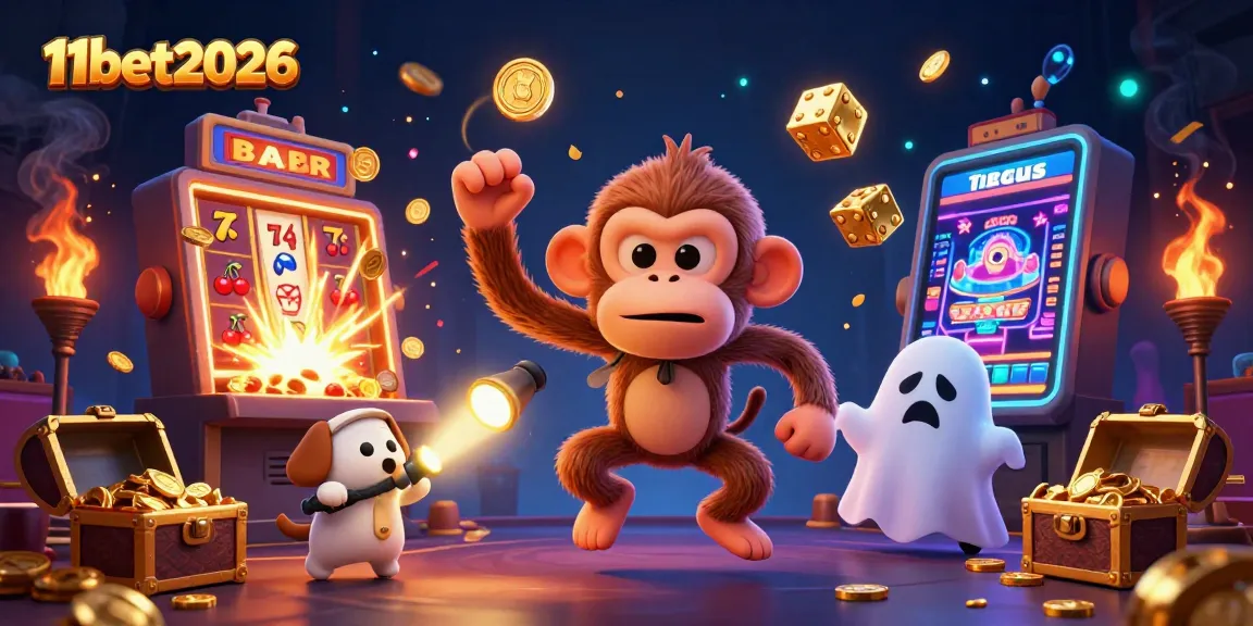 Experience the excitement of 11bet2026 in a vibrant haunted casino illustration featuring a playful monkey and ghost-hunter puppy.