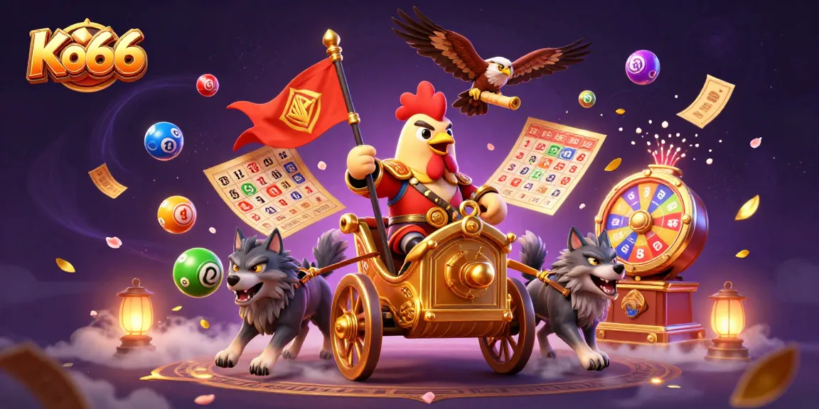 Engage with Ko66's thrilling lottery and gaming experience featuring dynamic characters and colorful elements.