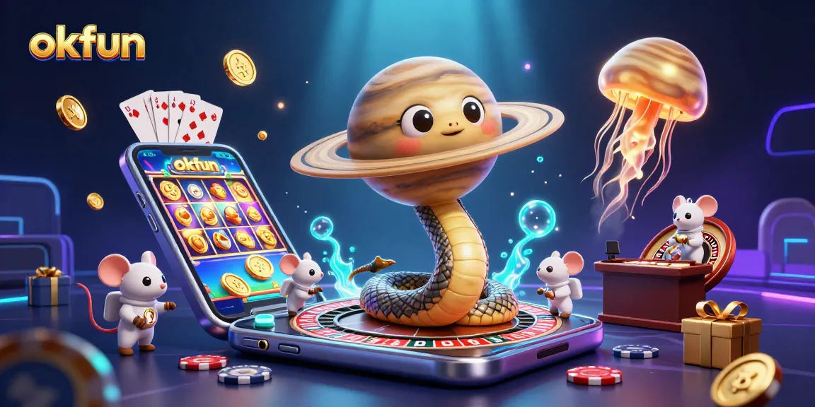 Place your bets with okfun: a vibrant cosmic casino scene featuring playful astronaut mice.