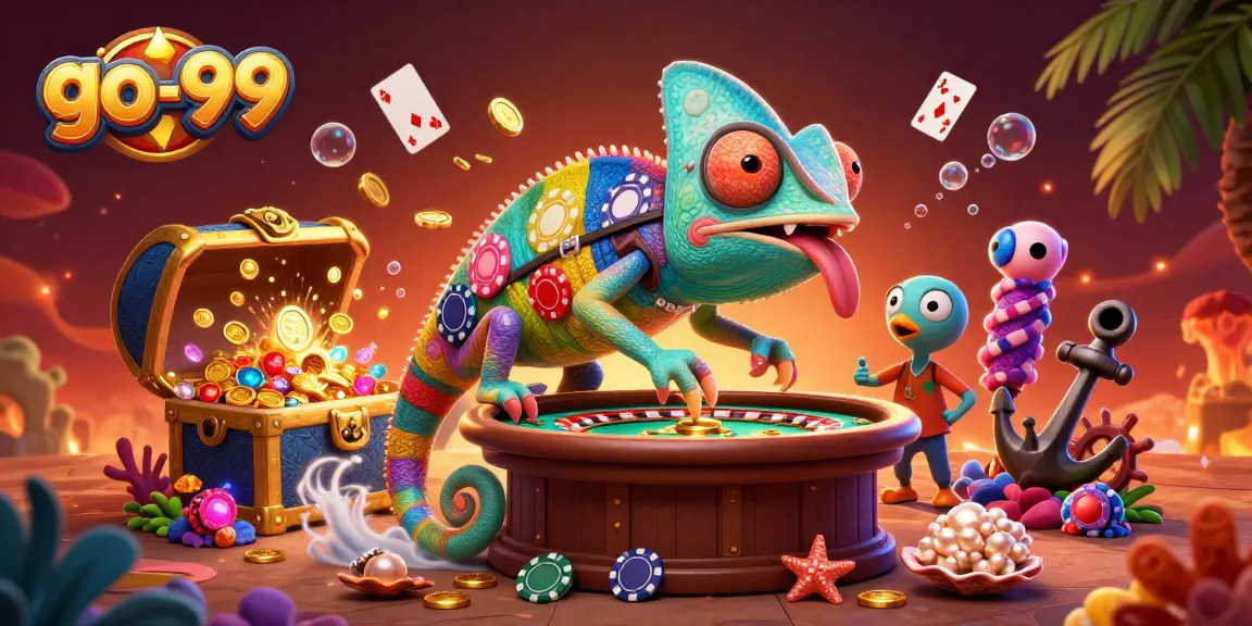 Engage with go-99's captivating chameleon casino owner in a vibrant, treasure-filled illustration.
