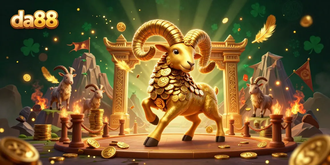 Engage with da88 at the winning arena featuring a golden ram amidst swirling feathers and betting tokens.