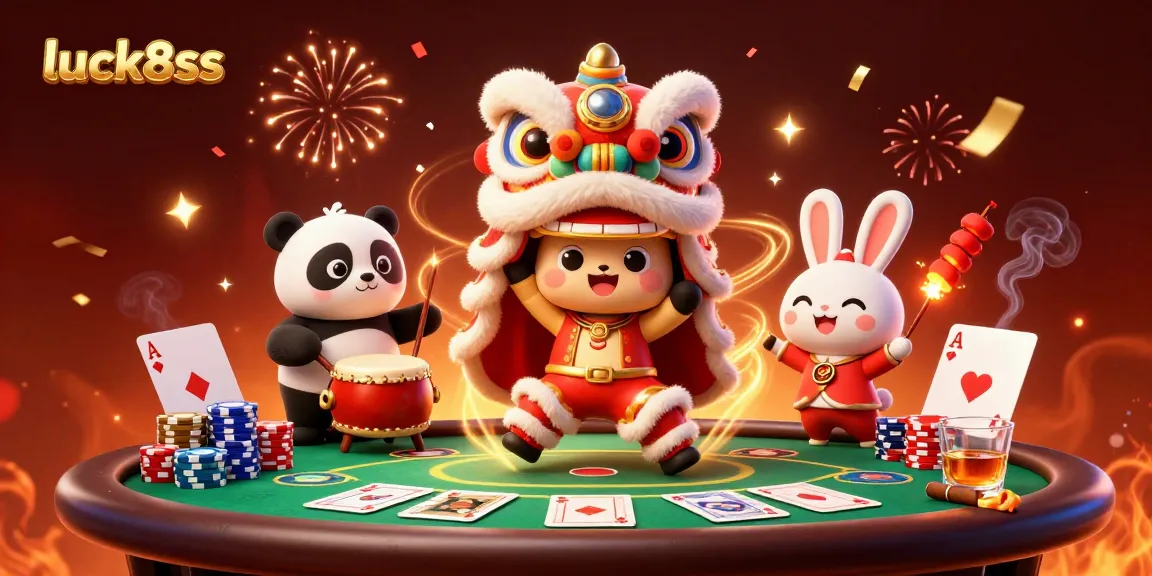 Engage with luck8ss through a vibrant 3D casino scene filled with festive characters and poker elements.