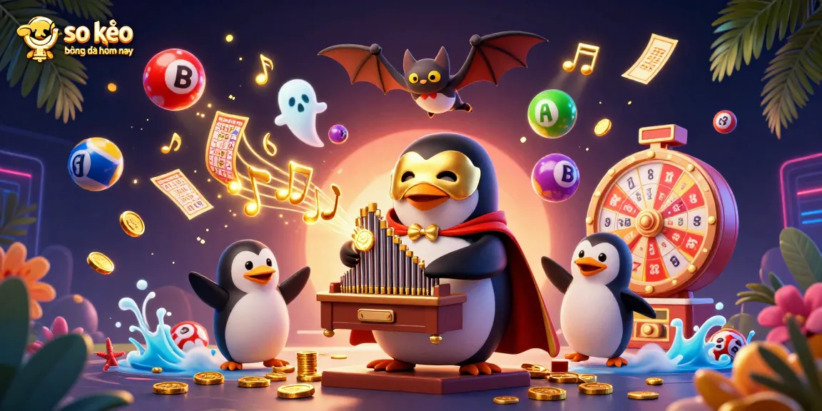 Engage with soi kèo bóng đá hôm nay through a vibrant 3D illustration of a penguin playing a golden organ amidst colorful gambling elements.