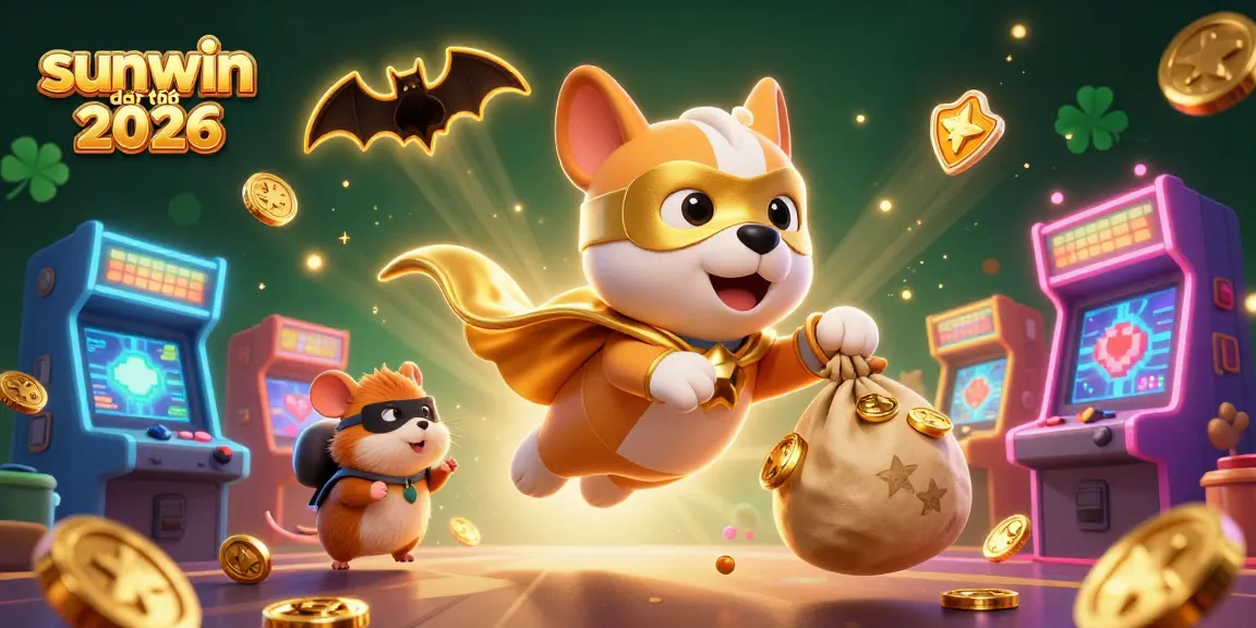 Watch as the superhero dog celebrates sunwin đổi thưởng 2026 with glowing coins and gaming elements in 3D!
