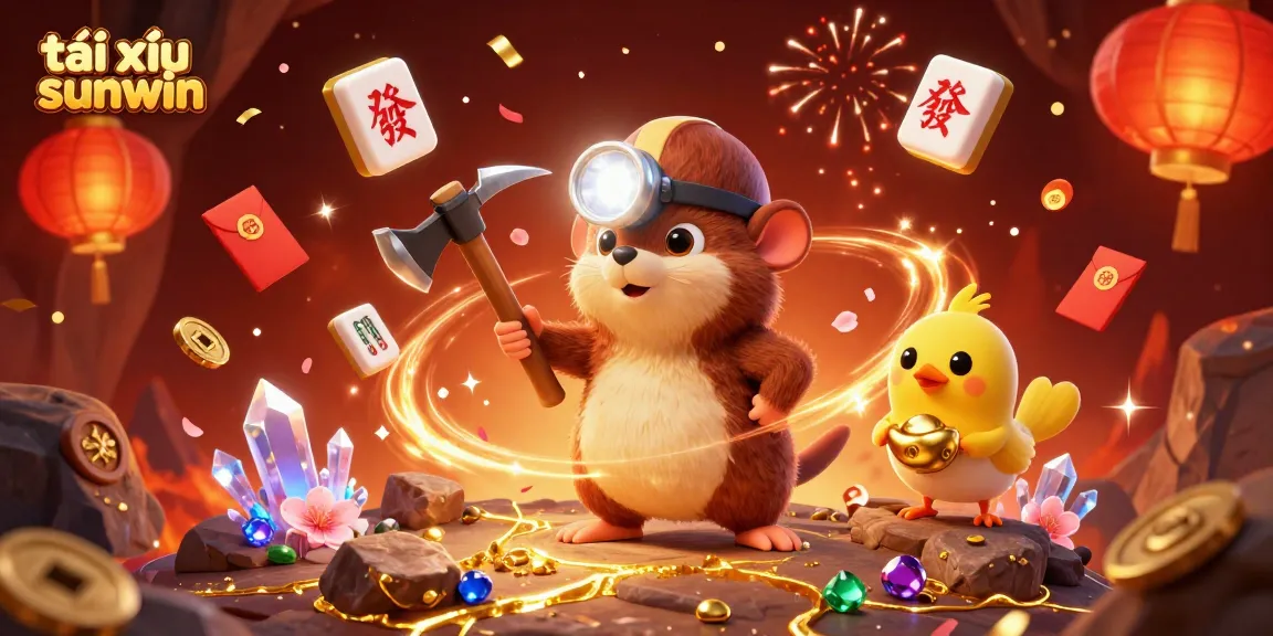 Tài xỉu sunwin offers thrilling gameplay with a cartoon mole mining treasures amidst fireworks and festive decorations.