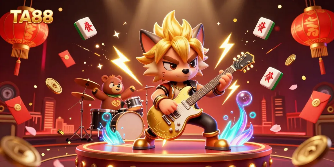 Engage with TA88's vibrant 3D casino scene featuring a rock star wolf and a wild drummer for an electrifying gaming atmosphere.