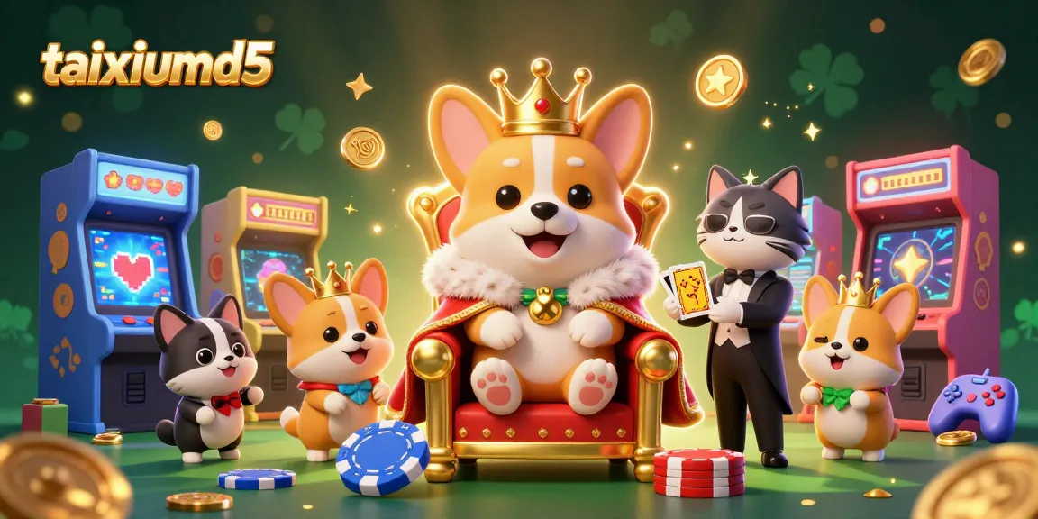 Immerse in taixiumd5's vibrant gaming scene with a royal corgi, golden cards, and colorful arcade elements.