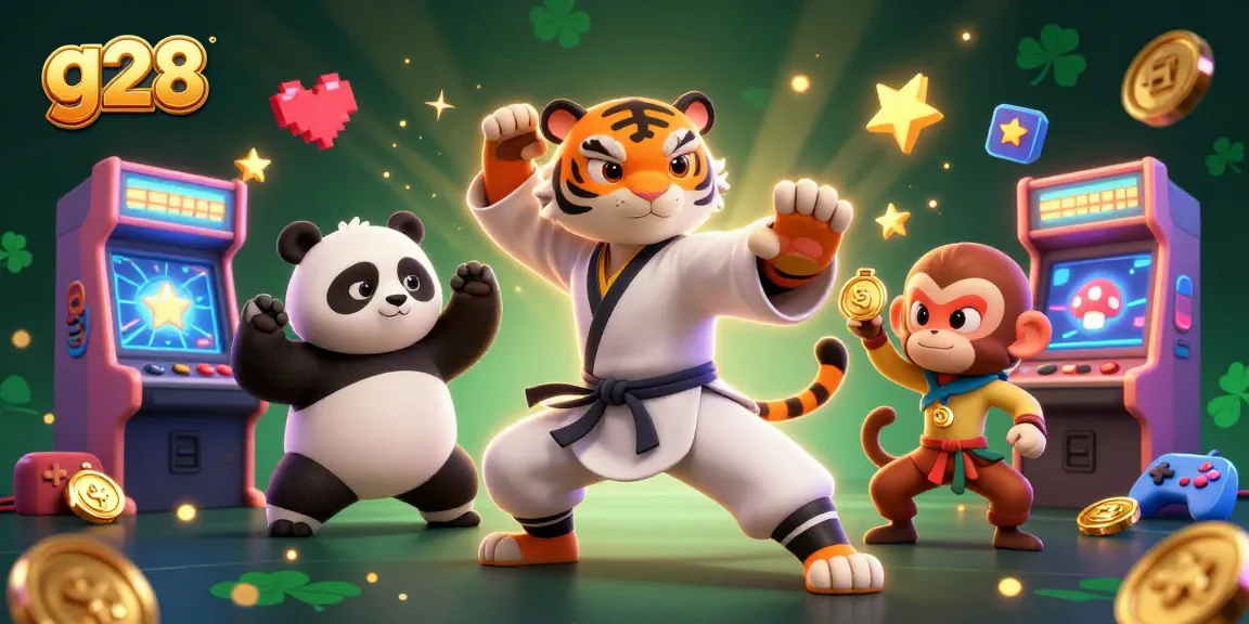 Engage in thrilling gaming action with g28 as the kung fu tiger master showcases a crane stance in a vibrant casino scene.