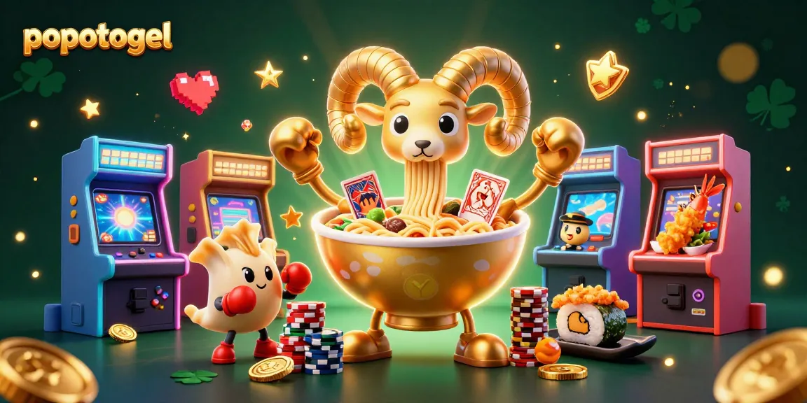 Popotogel showcases a vibrant casino scene with playful characters and dynamic slots for players.