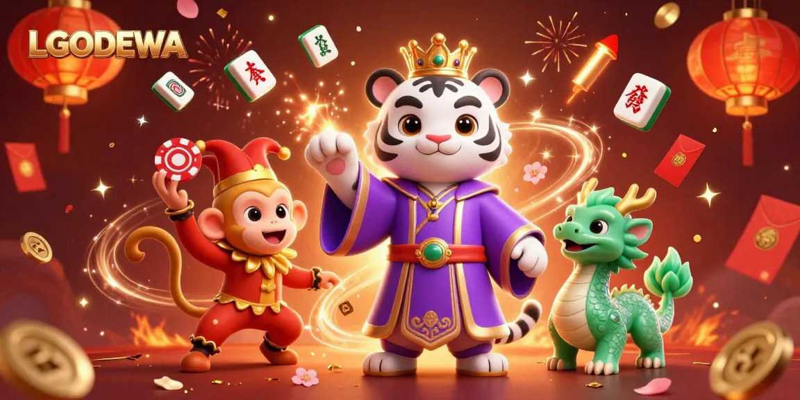 Experience excitement at LGODEWA with a captivating scene of animated characters enjoying casino magic amidst swirling confetti.