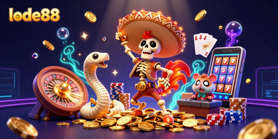 Engaging lode88 gaming scene featuring a victorious mariachi rooster with dynamic casino elements.