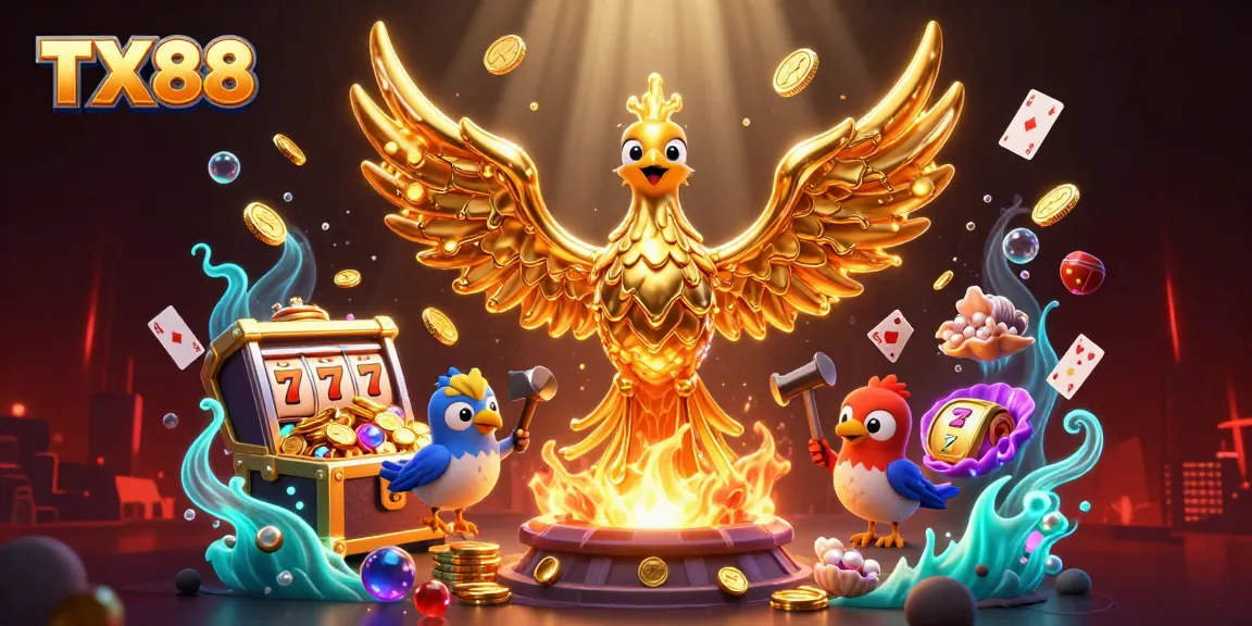 Engage with TX88's immersive casino experience featuring a golden phoenix, slot machines, and vibrant treasures.