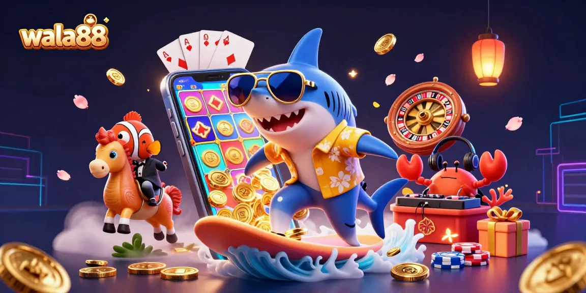 wala88 presents an exciting scene with a shark surfacing on gold coins, showcasing vibrant casino elements.