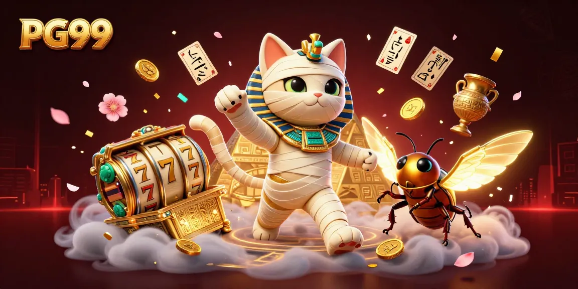 Play PG99 with an animated Egyptian mummy cat and golden sarcophagus in a vibrant casino scene.