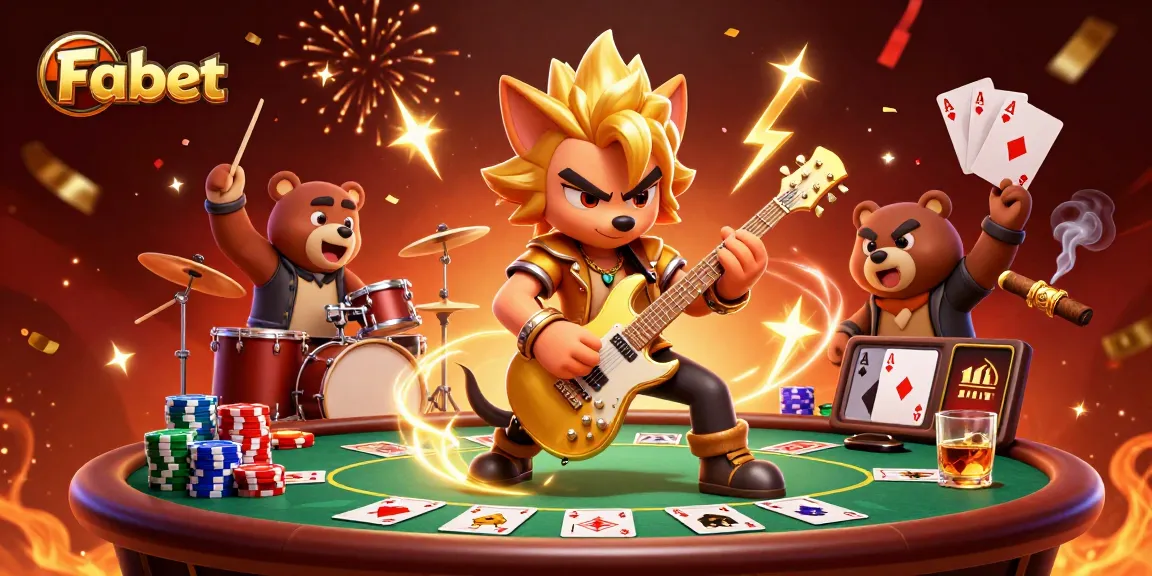 Fabet's rock star wolf performs amid poker games and casino excitement, capturing vibrant energy.