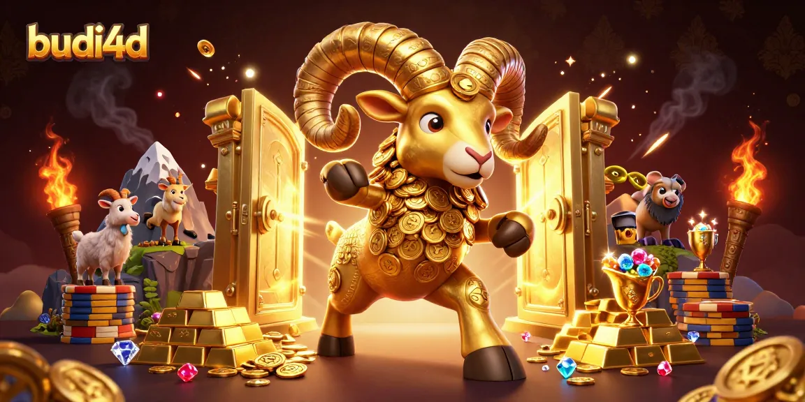Experience the thrilling energy of budi4d with golden ram charging at a casino vault, surrounded by treasures.