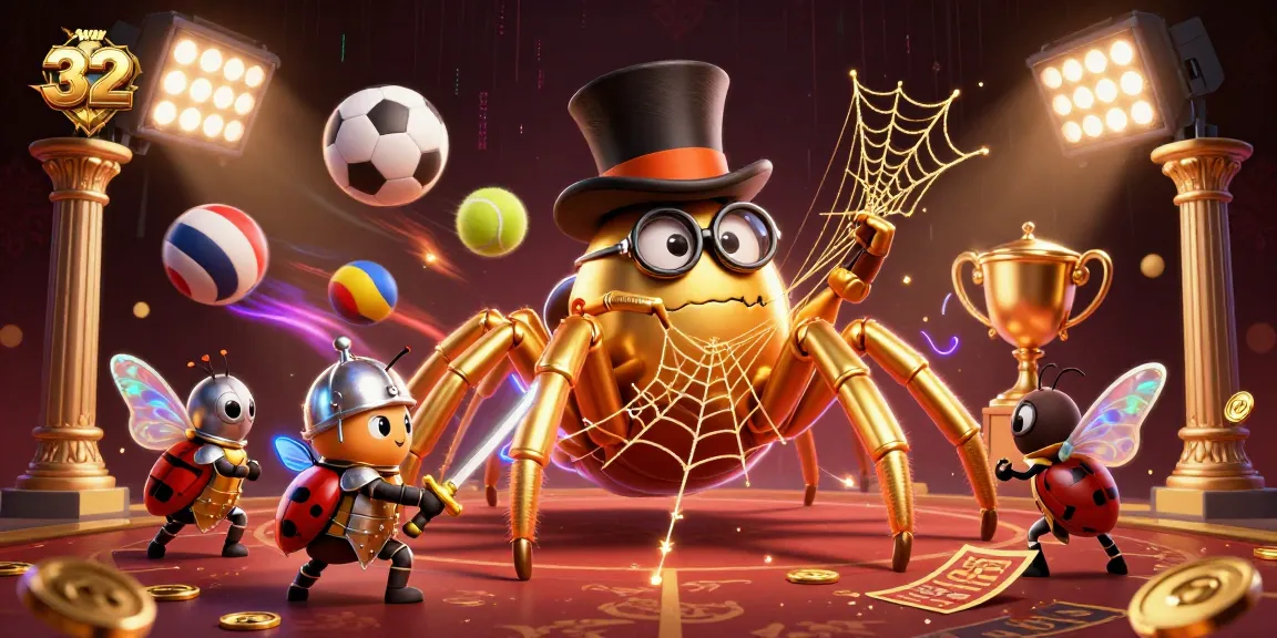 The dynamic 32WIN gaming scene features a golden tarantula, beetle knight, and sports elements.