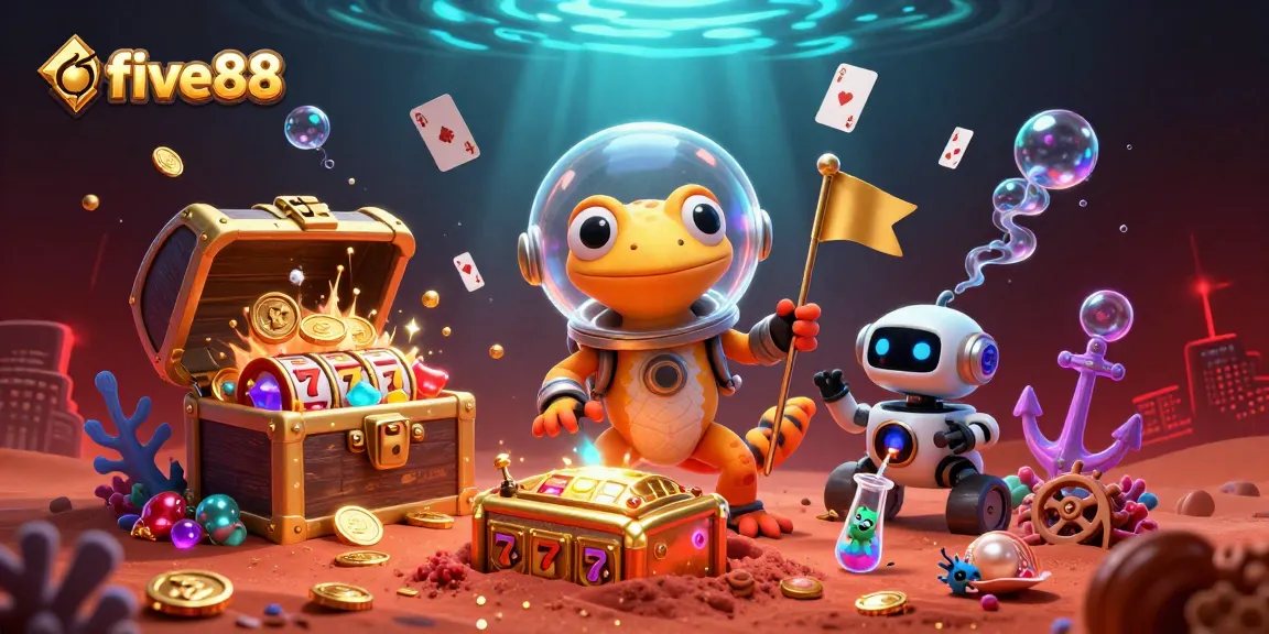 Win big with five88 at a vibrant casino scene where a Martian gecko explores treasures.