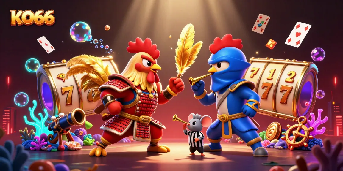 KO66 showcases an epic standoff between cartoon fighting roosters in a casino-themed battle.