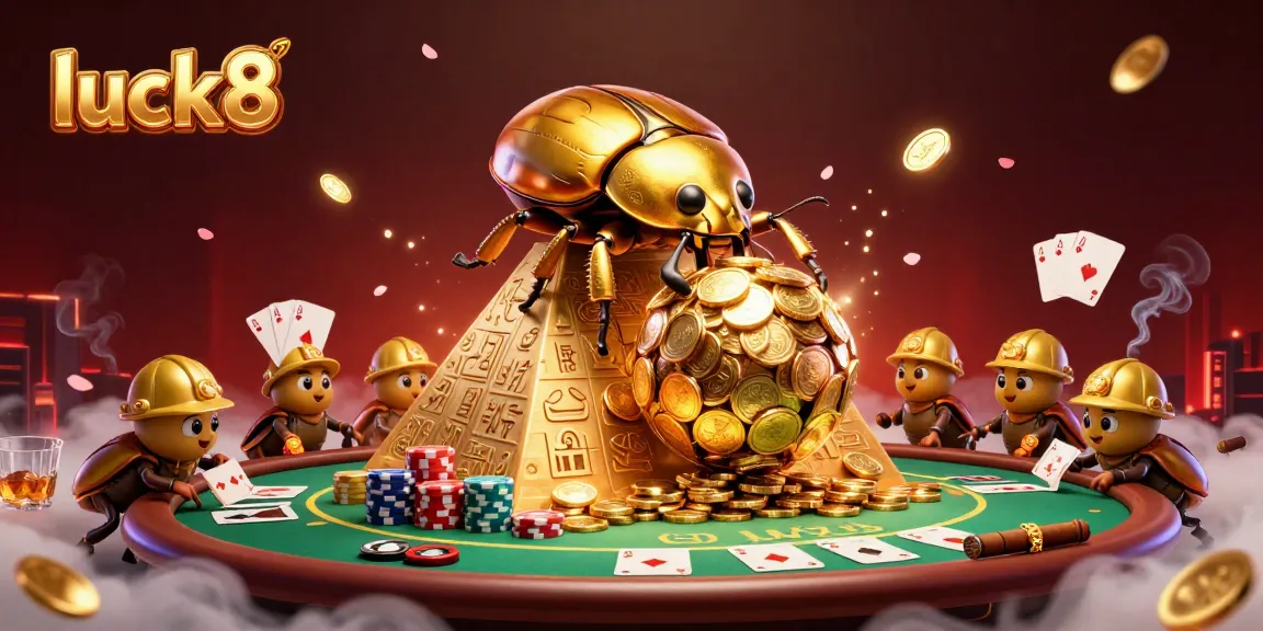 Experience luck8's vibrant casino action with golden beetles and poker chips in a rich 3D scene.