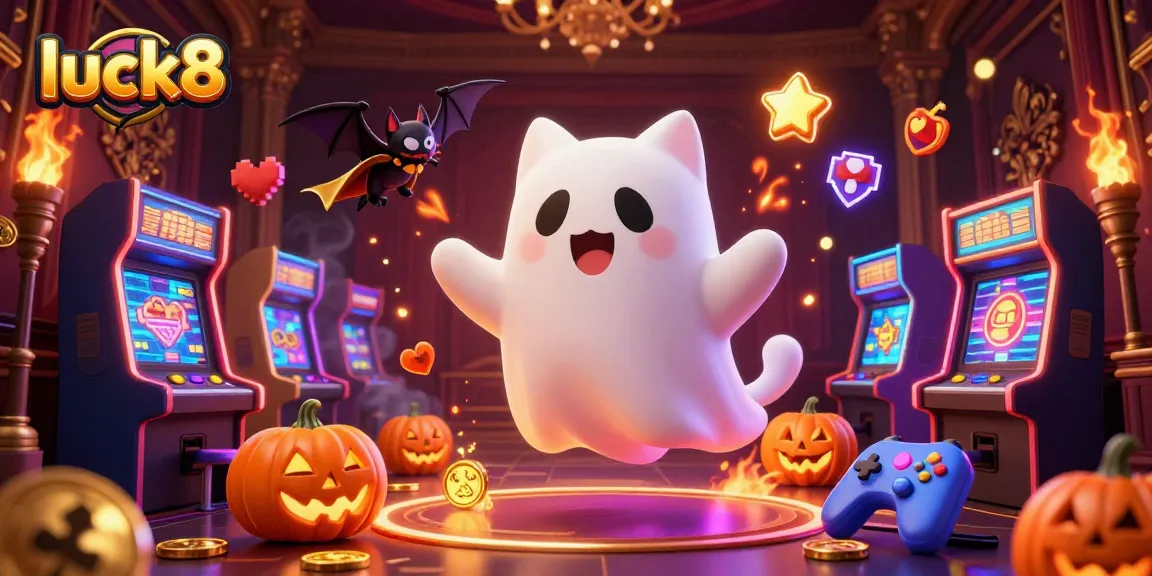 Engage with luck8's ghost cat and vampire bat companions in a vibrant casino scene, featuring slot machines.