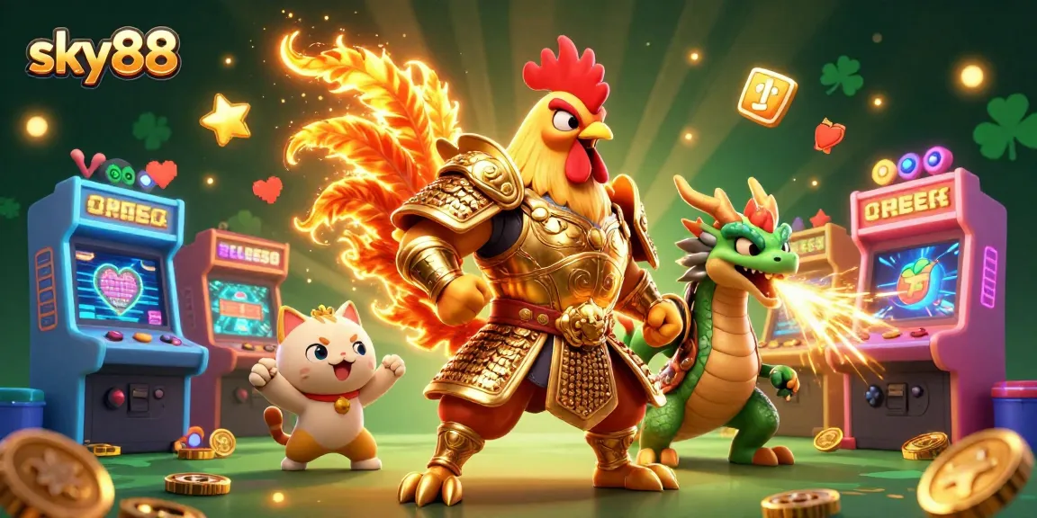 Experience thrilling action with sky88, featuring a 3D rooster warrior and dragon in an exciting gambling scene.