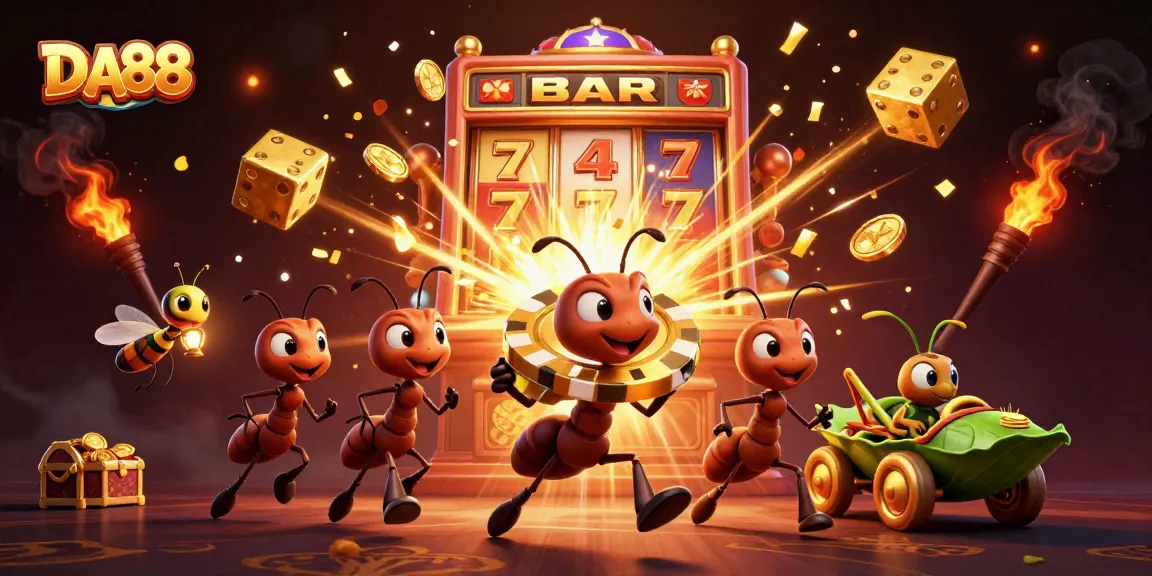 DA88 features a heist scene with ants transporting a giant poker chip amid a jackpot explosion.
