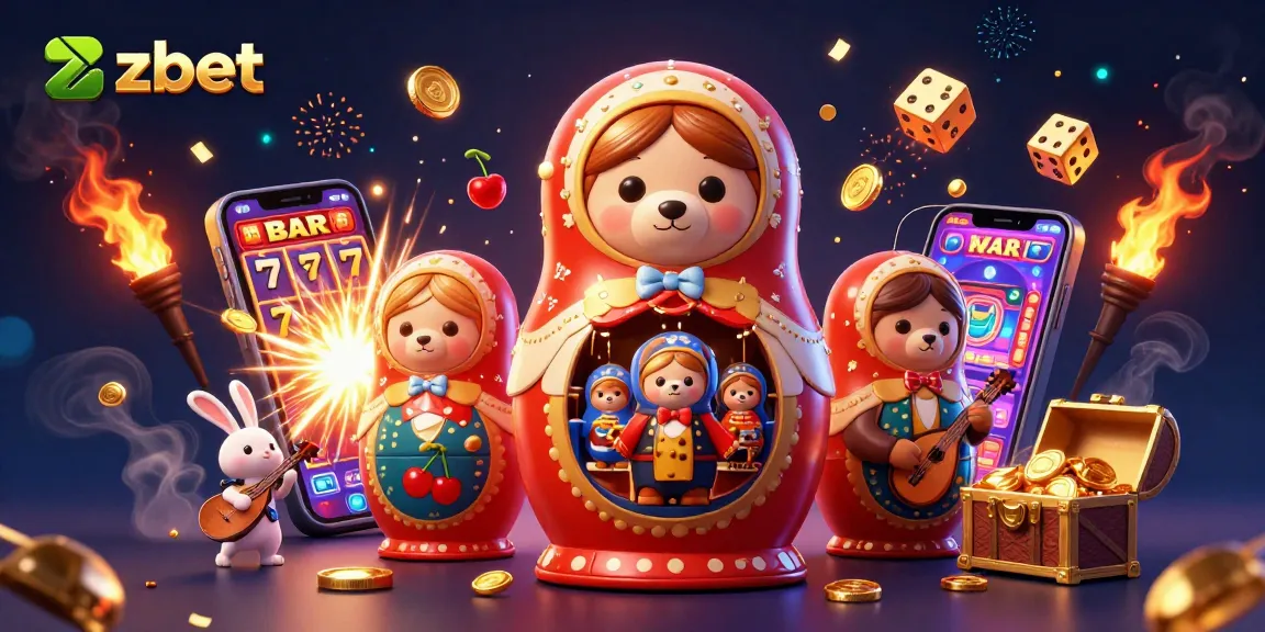 Zbet features colorful 3D casino elements with bears, a jackpot explosion, and interactive game scenes.