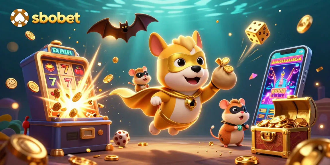 Menangkan taruhan sbobet dengan karakter superhero anjing dan elemen kasino di latar belakang yang megah.