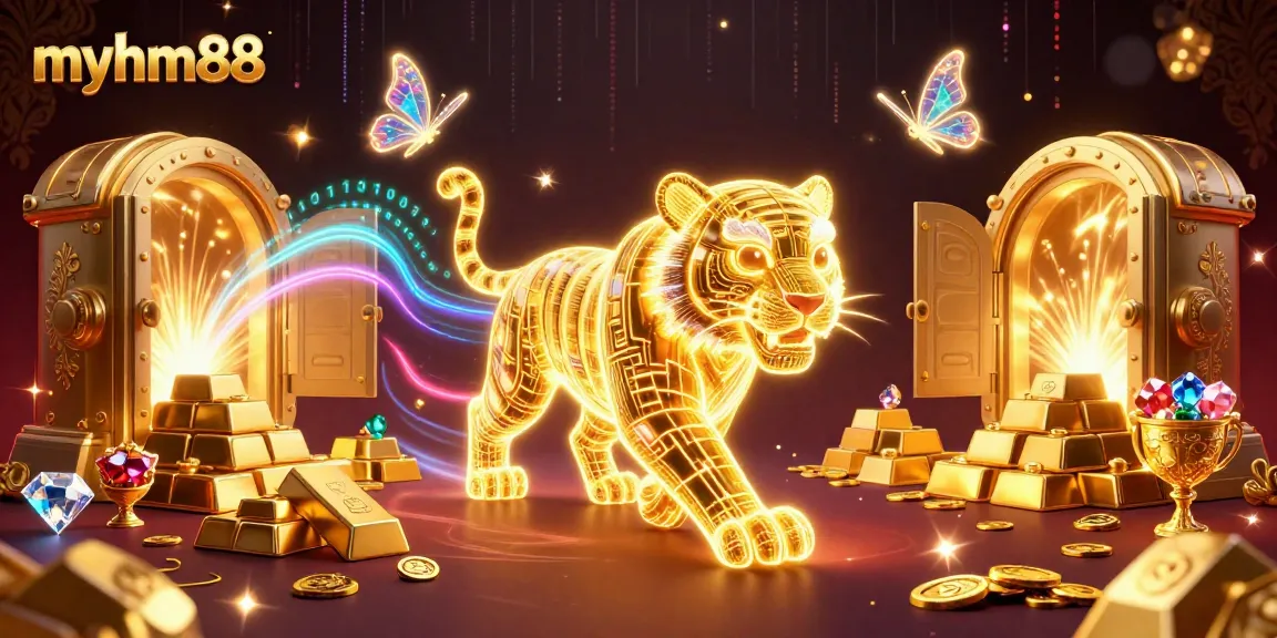 Experience the thrill of myhm88 casino with vibrant golden tiger and treasures amidst a digital landscape.