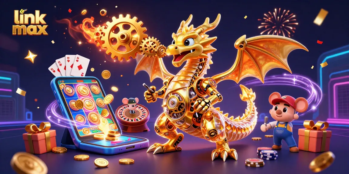 Experience the thrill of link vmax slots with this energetic 3D illustration showcasing games and a fantastic dragon.