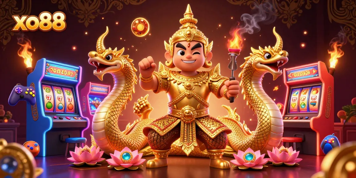 Experience the excitement of xo88 with a vibrant casino scene featuring Thai guardians and glowing game elements.