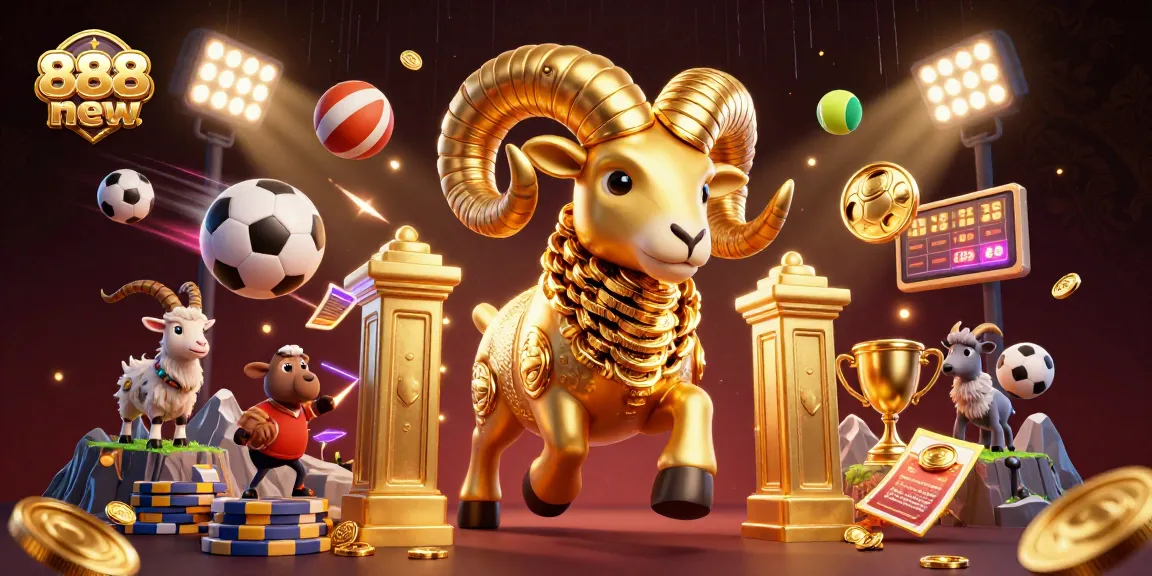 Engage with 888new's thrilling gameplay featuring golden ram amidst vibrant sports elements and casino treasures.