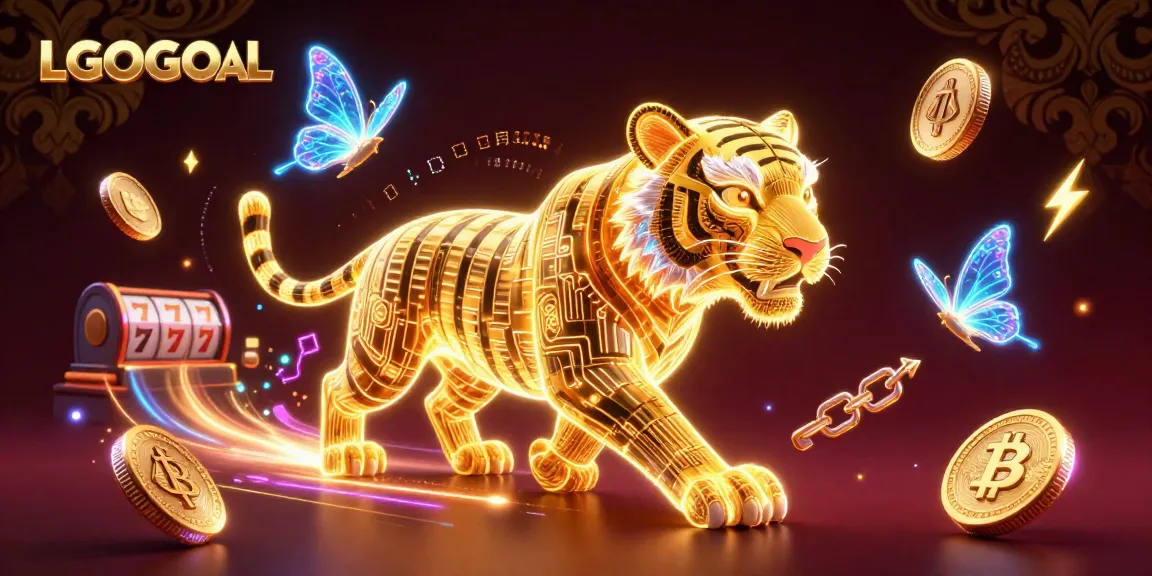 Experience LGOGOAL's vibrant casino adventure with a glowing tiger amidst coins and slot reels.