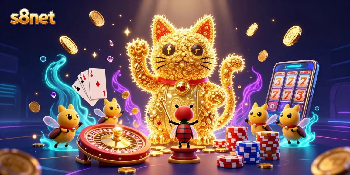 Experience the excitement of s8net with vibrant illustrations featuring a lucky cat, casino symbols, and dynamic game elements.