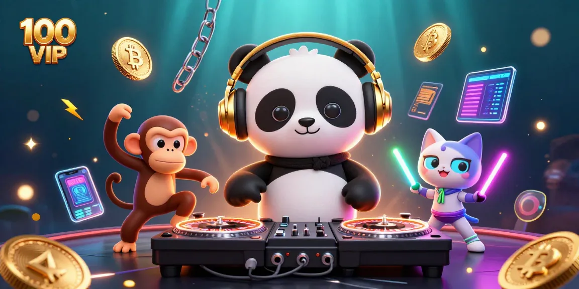 Spin to win with 100 VIP in a vibrant digital casino scene filled with characters and crypto elements.